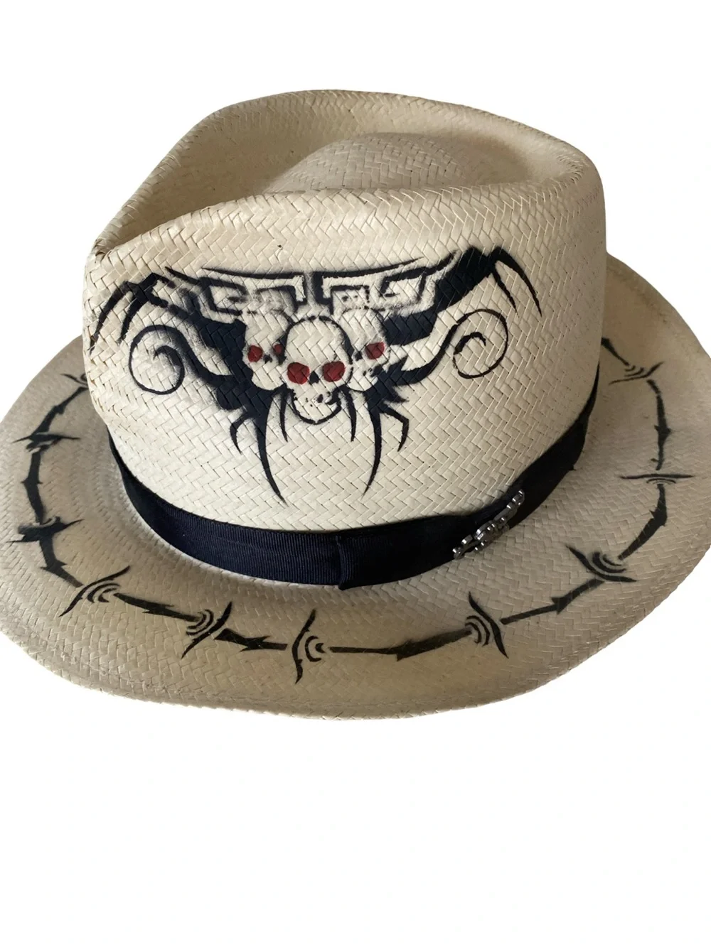 Run A Muck Straw Fedora Hat with Black Chicano Artwork and Black Band - M handpa
